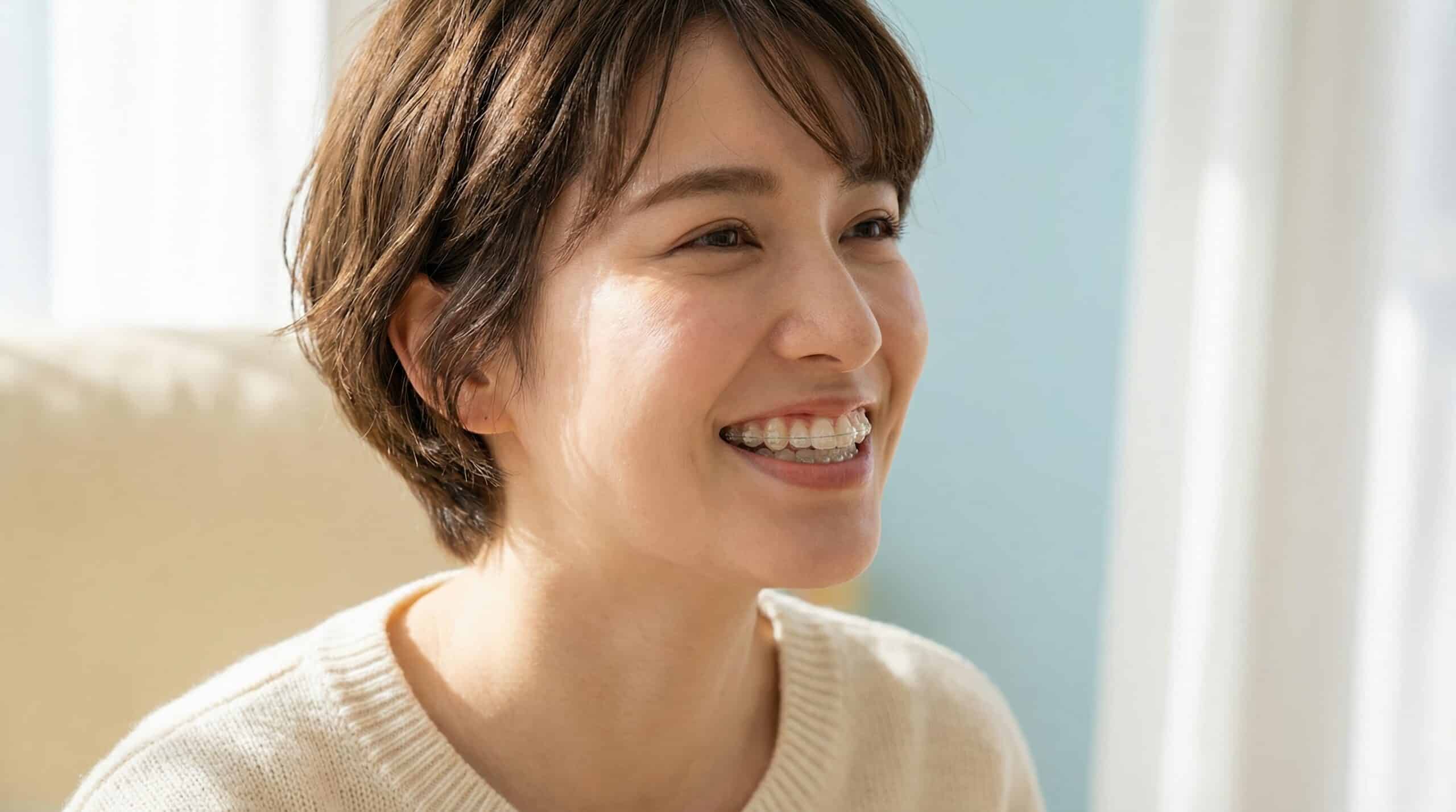 A happy young Asian woman with short hair smiles while wearing clear dental braces for orthodontic treatment at home.